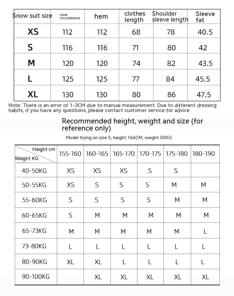 ski jacket size chart guide