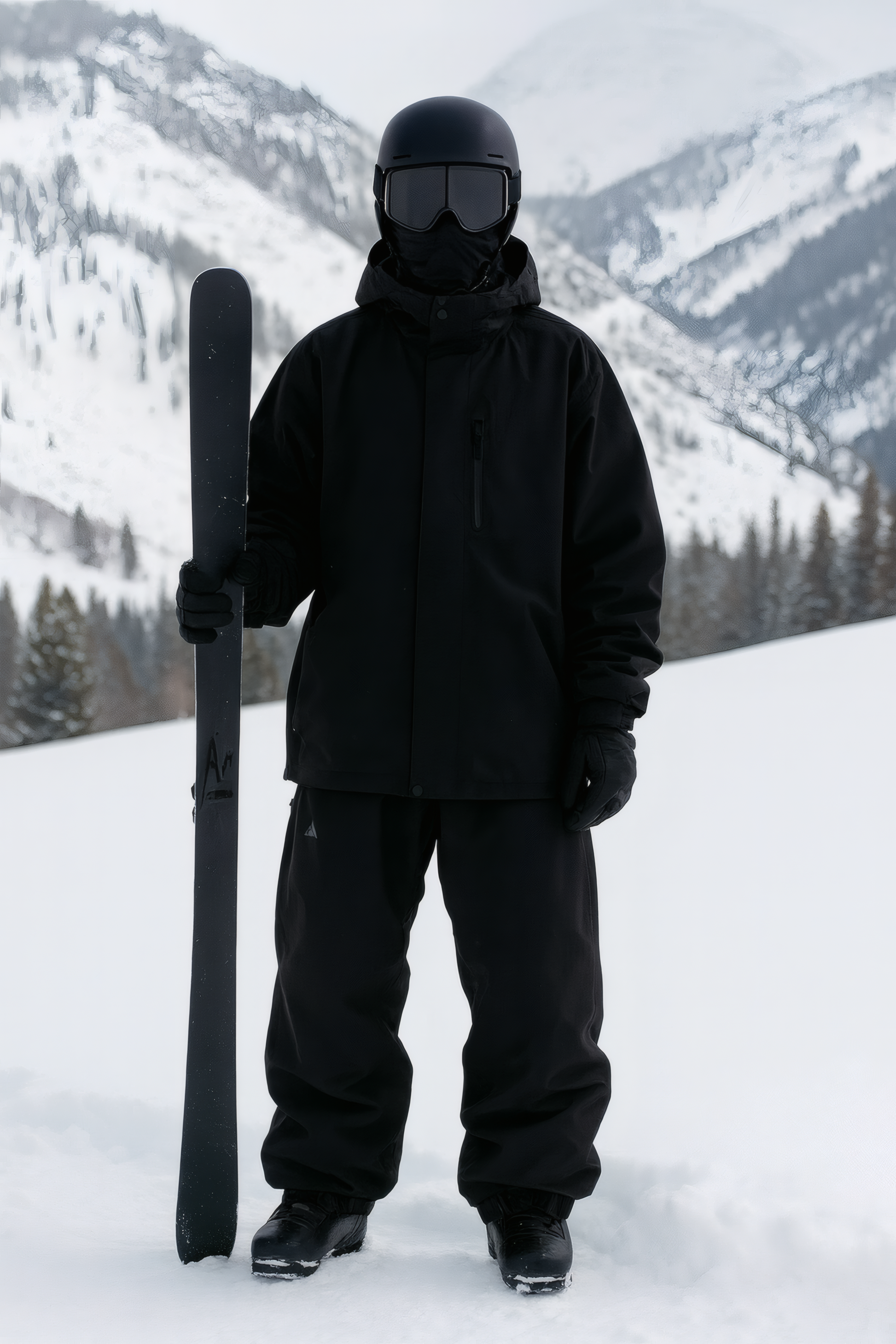 Person in black snow gear holding skis on a snowy mountain