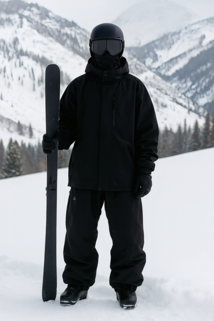 Person in black snow gear holding skis on a snowy mountain