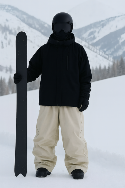 Person in black jacket and beige pants holding a snowboard in a snowy mountain landscape
